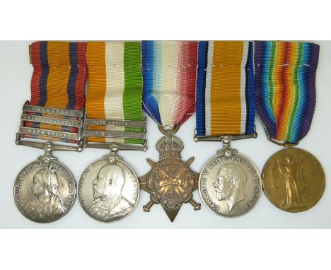 British Army Victorian and WWI medal group comprising Queen's South Africa medal with clasps, Transvaal, Orange Free State an