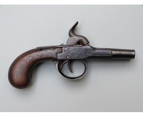 Queen Anne type side by side flintlock hammer action percussion pistol with engraved lock and trigger guard, carved grip, dou