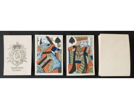 I. Hardy, England playing cards. Exportation. Garter ace. GIII, No. 28. Full length standard courts. Plain backs. 52 cards. c