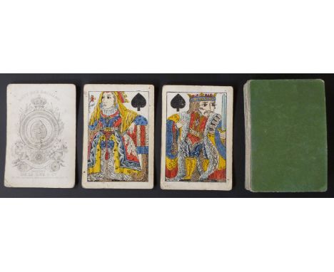 De La Rue & Co, England playing cards. Old Frizzle ace. Standard double ended courts. Unturned.  Grey patterned backs. 52 car