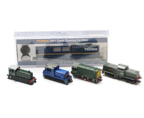 Five Lima, Tomix and similar N gauge diesel locomotives including Track Cleaning Car (blue) 6421 in original box, BR, Dock Sh