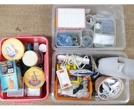 Collection of tools and accessories including nuts, bolts, screws, bottle jack, ironmongery etc