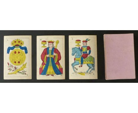 Playing Cards. Belgium. Daveluy, Bruges. Spanish suits. Full length courts. Plain mauve backs. 44 cards. c1875. Please note 4