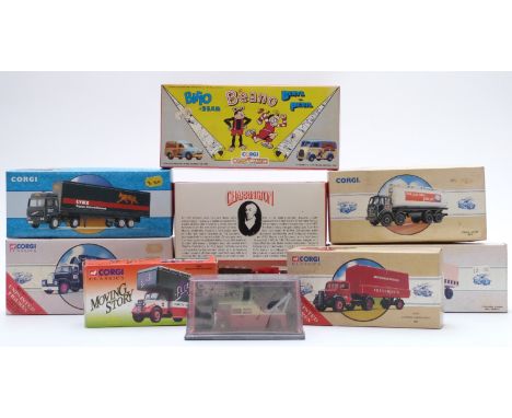 Nine Corgi diecast model commercial vehicles and vehicle sets including Beano, Original Omnibus Company (OOC), Moving Story, 