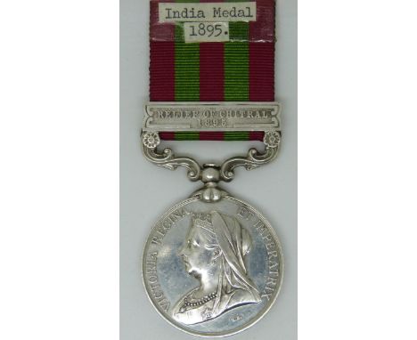 British Army India Medal (1896) for Relief of Chitral, named to 4319 Pte J Scripps, 1st Battalion Bedford Regiment