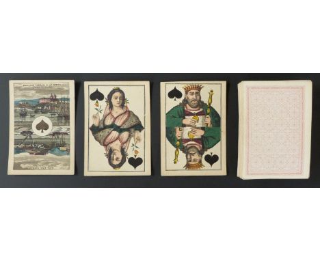 Anonymous maker, possibly German playing cards. Double ended courts. Aces have the suit sign in a central circle and two scen