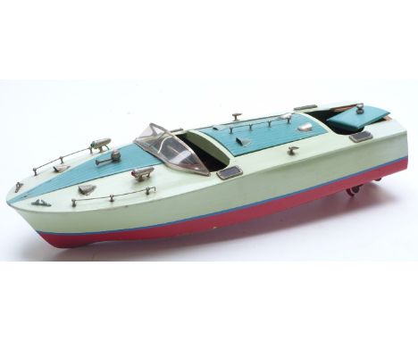 TMY K&amp;O KMK, Japan, wooden model of a boat with electric motor, 45cm long.&nbsp;