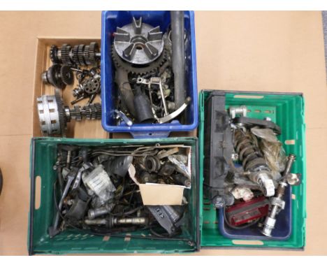 Four boxes of Hinkley Trident motorcycle parts including gearbox internals, radiator etc