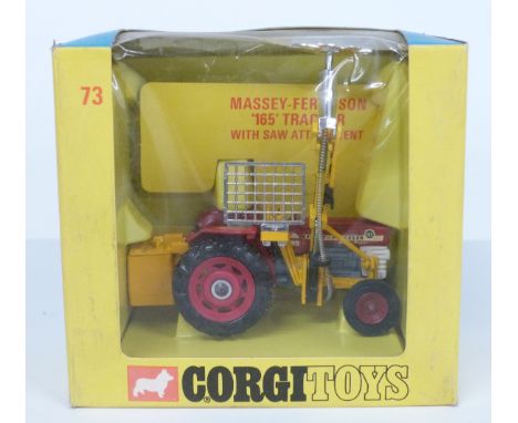 Corgi Toys diecast model Massey-Ferguson '165' Tractor With Saw Attachment with red body and hubs and yellow attachments 73, 