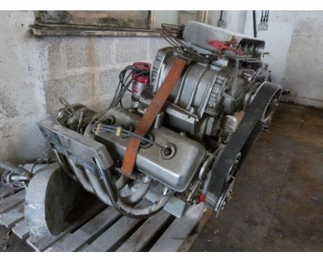 Daimler SP250 Dart V8 engine converted for drag racing or similar with belt driven supercharger, Mallory magneto and automati