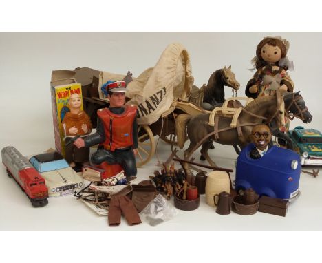 A collection of toys and games including Sindy horses, doll, Lima 00 gauge Santa Fe train etc