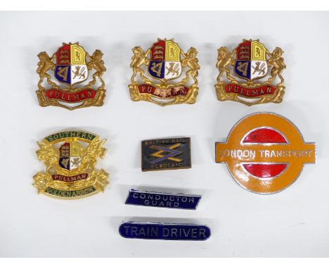 Railway-related enamel badges including Pullman / Pullman Golden Arrow, London Underground, British Rail Electric etc