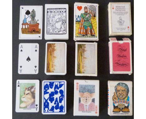 Six single modern English playing card packs to include Playing Politics, Royal Pavilion Brighton, Jeu des Alchimisters, etc.