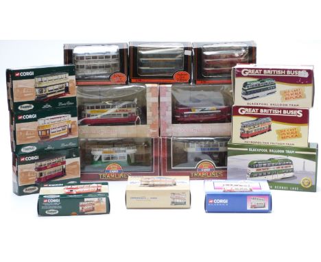 Sixteen Corgi, Exclusive First Editions (EFE) and Atlas Editions diecast model trams including Great British Buses, Tramway, 