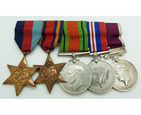 British Army WWII medals comprising 1939/1945 Star, Burma Star, Defence Medal, War Medal and Long Service and Good Conduct Me