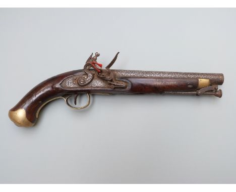 New Land pattern flintlock hammer action holster pistol with lock stamped Tower and with crown over GR cypher, line engraved 