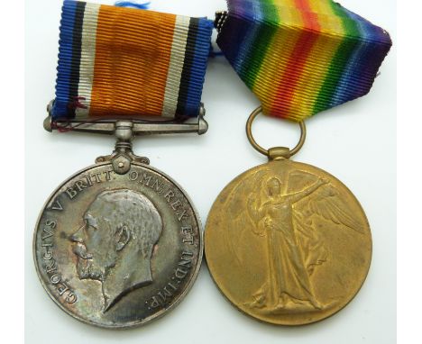 British Army WWI medals comprising War Medal and Victory Medal named to 202925 A P Brewer Gloucestershire Regiment