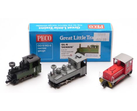 Four 00-9 gauge narrow locomotives including Peco O-6-OT GL-6 Dennis, in original box