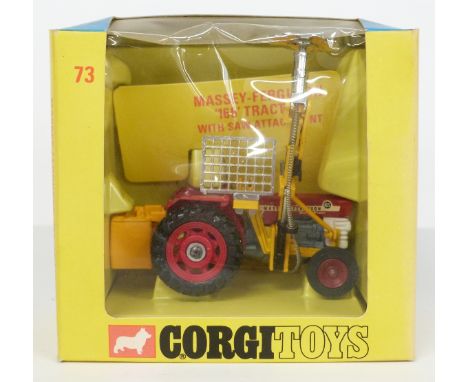 Corgi Toys diecast model Massey-Ferguson '165' Tractor With Saw Attachment with red body and hubs and yellow attachments 73, 
