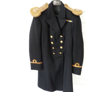 Royal Naval coat with sub-lieutenant rank insignia to sleeve, buttons, medal ribbon and epaulettes, size S/M