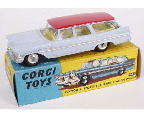 Corgi Toys diecast model Plymounth Sports Suburban Station Wagon with pale blue body, red roof and lemon interior 445, in ori