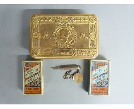 British Army WWI Princess Mary's 1914 Christmas tin with two cigarette packets&nbsp;(empty) and propelling pencil with Barret