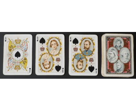 Goodall & Son, London playing cards. Turn of the century pack, the backs depicting British monarchs of the 19thC. 52 cards an