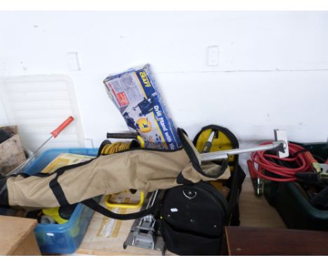Collection of tools including extension lead, jump leads, decorating materials etc
