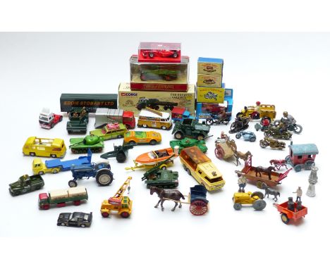 Forty-seven Corgi, Matchbox, Britains and similar diecast model vehicles, figures and accessories, some in original boxes&nbs