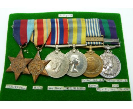 British Army WWII medals comprising 1939/1945 Star, Africa Star and War Medal, together with British Korea Medal, UN Korea Me