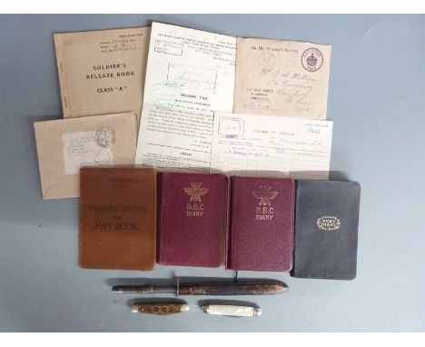 War diaries dated 1939, 1941 and 1944, British Army WWII papers, Fairbairn Sykes style letter opener, penknives etc