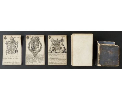 M. de Brianville , Lyons, France playing cards. Jeu d’Armoiries heraldic cards. Black and white engraved cards. Each card sho