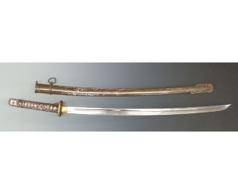 Japanese NCO sword with faux shagreen handle, 68cm curved fullered blade and metal scabbard.&nbsp;