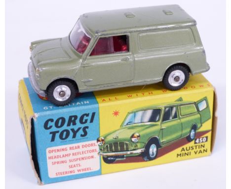 Corgi Toys diecast model Austin Mini Van with green body and red interior 450, in original box.&nbsp;