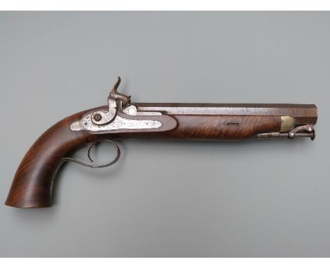 William Moore of London 12 bore percussion hammer action officer's pistol with named and engraved lock, captive ram-rod, vaca