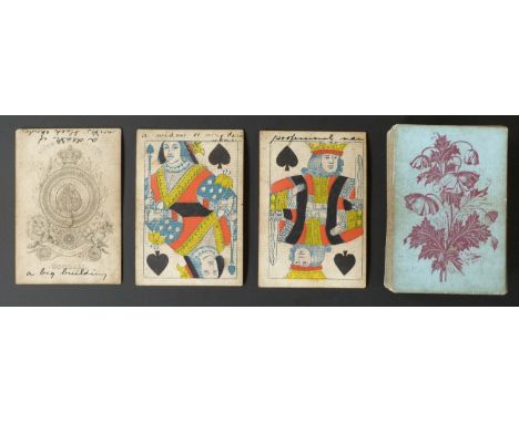 Goodall, England playing cards. Old Frizzle ace. Standard double ended courts, unturned. Poppy back design on blue. Cards use