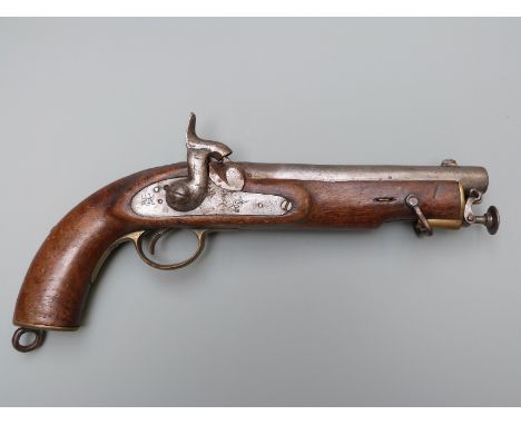 Percussion hammer action service pistol with engraved Arabic acript to the lock, captive ramrod, suspension loops, brass trig