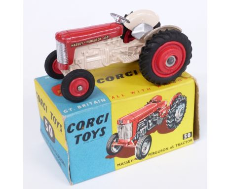 Corgi Toys diecast model Massey Ferguson 65 Tractor with red and cream body and red hubs 50, in original box.&nbsp;