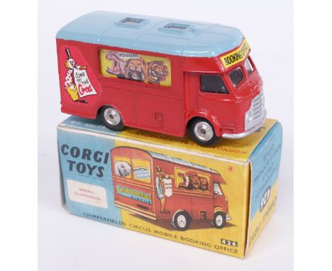 Corgi Toys diecast model Chipperfields Circus Mobile Booking Office with red body, blue roof and circus decals 426, in reprod