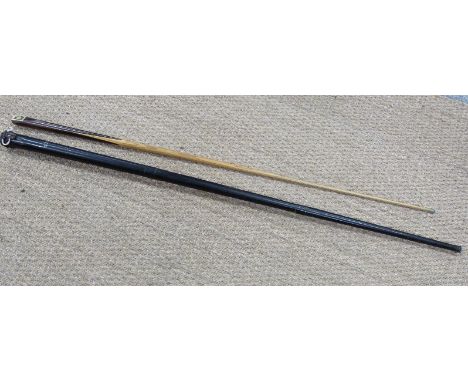 Stevenson "champion" billiard/snooker cue with ivorine portrait plaque to base by Burroughs and Watts in metal case&nbsp;