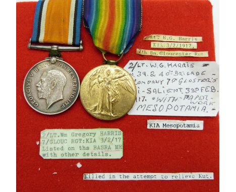 British Army WWI medals comprising War Medal and Victory Medal named to Lieut W G Harris, Glosters, killed in action Mesopota