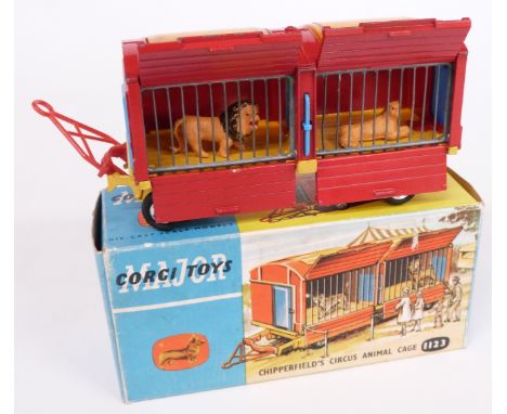 Corgi Major Toys diecast model Chipperfield's Circus Animal Cage with red body, yellow chasis, blue doors and two lions 1123,