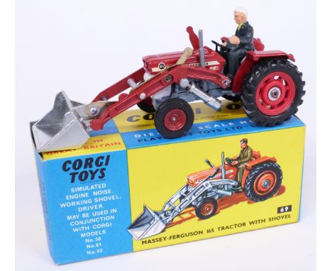 Corgi Toys diecast model Massey-Ferguson '165' Tractor With Shovel with red body and hubs, silver shovel and driver 69, in or