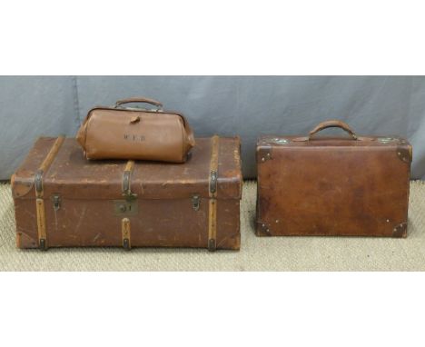 Ash bound trunk leather case and a Gladstone bag. Largest 81 x 50cm