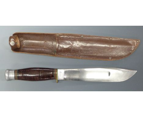 William Rodgers bowie knife with 20cm blade and banded handle, in leather scabbard.&nbsp;