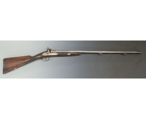 J N Scotts side by side percussion hammer action 12 bore gun with named and engraved locks, engraved stylise dolphin hammers 