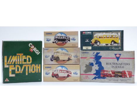 Six Corgi diecast model buses and bus sets including Routemasters In Exile, AEC, Leyland etc, all in original boxes.&nbsp;