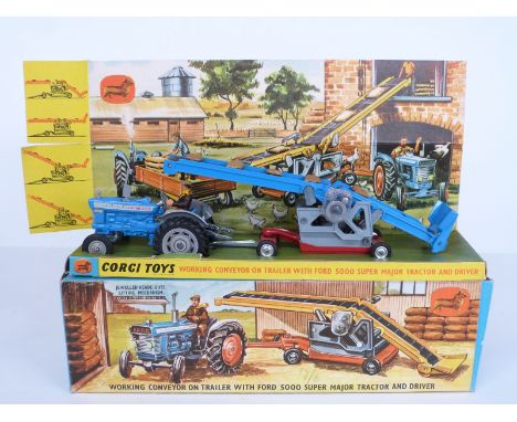 Corgi Toys diecast model Gift Set 47 Working Conveyor On Trailer With Ford 5000 Super Major Tractor And Driver, with mid blue