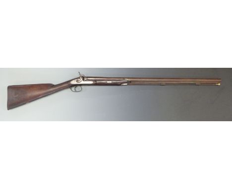 12 bore percussion muzzle loading shotgun with engraved lock, hammer, trigger guard and top plate, chequered grip and forend,