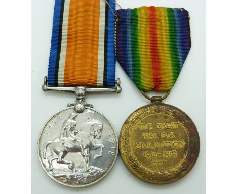 British Army WWI medals comprising War Medal and Victory Medal named to 26259 Pte G Martin, Gloucestershire Regiment